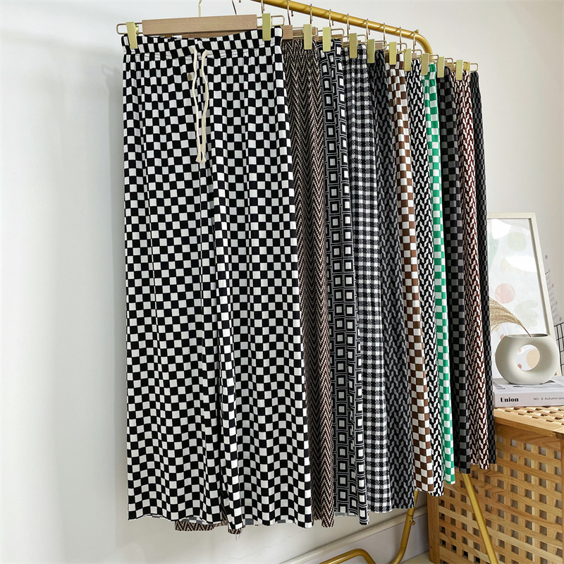 Summer air conditioning cool pants plaid pants women's high waist slim loose mop casual straight ice silk wide leg pants wholesale