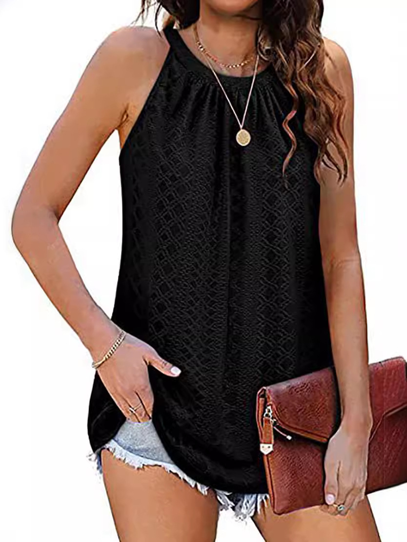 Amazon Independent Station European and American Cross-border Foreign Trade Women's Clothing US Size Summer New Round Neck Vest Hollow Sleeveless Top