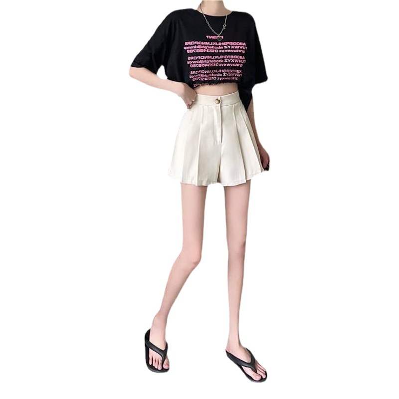Casual High waist slimming breasted wide-leg pants for women 2023 Summer and Autumn New elegant irregular suit material short