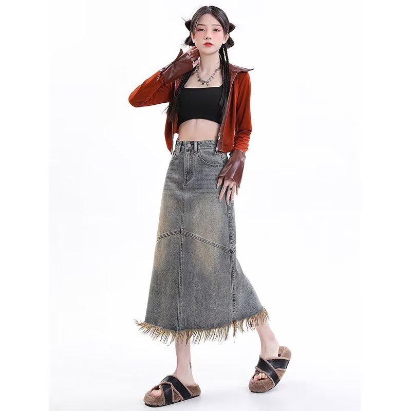 Summer Fashion High-end Stitching Small Denim Skirt Women's Mid-length High Waist A- line Slimming Skirt