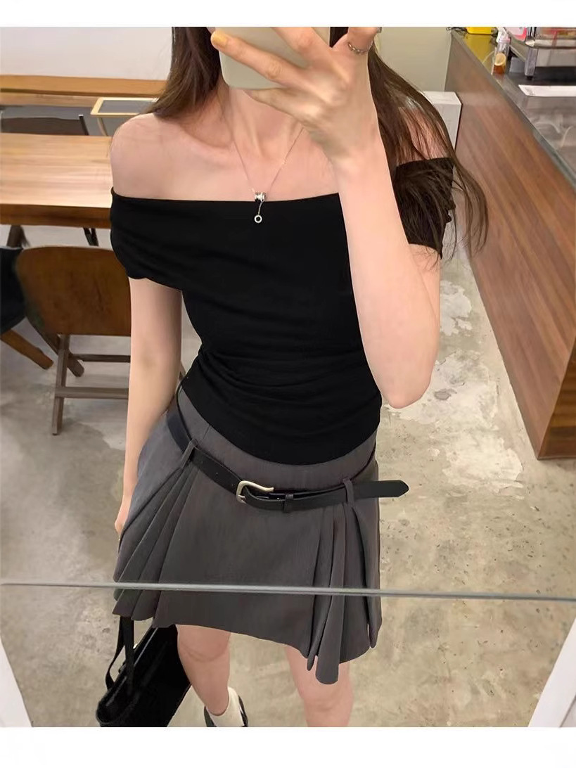 American-Style Dopamine Swing Collar Short-Sleeve T-Shirt, Pure Desire Short Niche Regular Shoulder Irregular Simple Slim-Fit Top