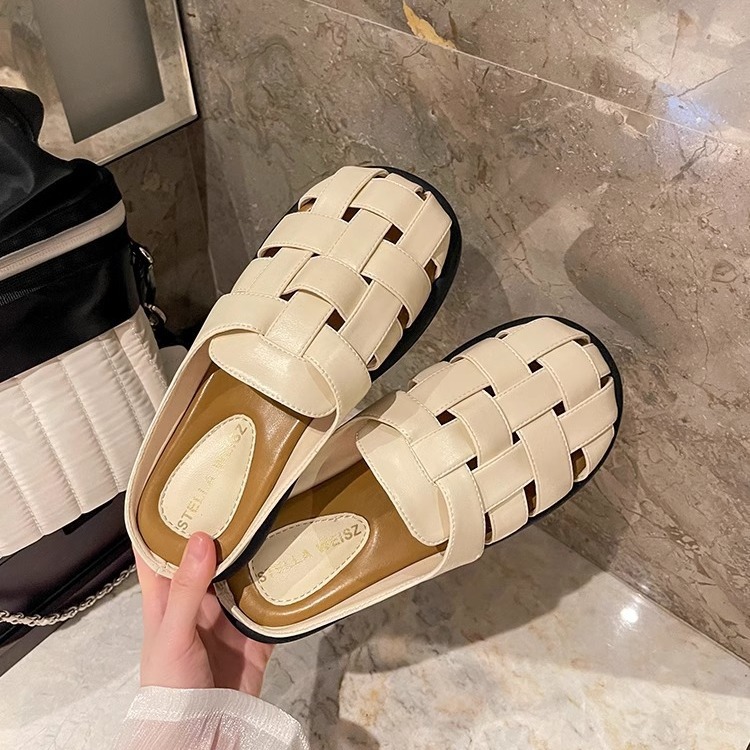 Genuine Leather Hollow-Out Woven Slippers 2024 Summer New Style Slip-on Roman Retro Casual Baotou Half Slippers