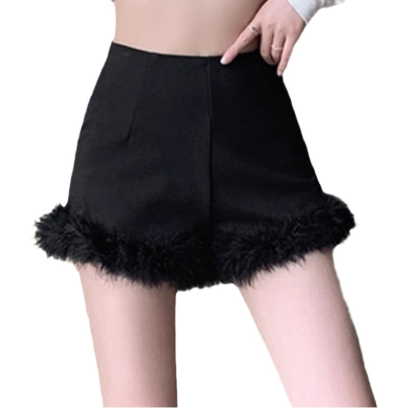2025 New Black Hair Shorts Women's Autumn and Winter Outer Wear Fashionable Slim-fit Slimming High Waist A- line Hot Pants for Hot Girls