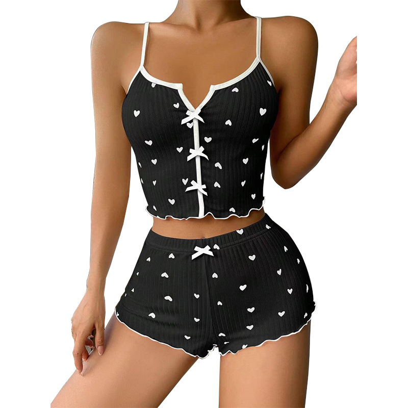 2024 Amazon AliExpress New Product Heart-shaped Printed Contrast Home Clothes Front Split Sling Pajamas suit