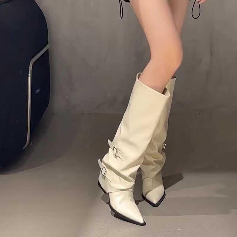White High Heel Pants Boots Women's Thick Heel Pointed Knee Long Boots Belt Buckle High Boots