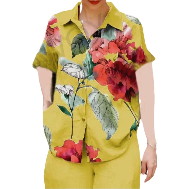 Picture of Amazon Spring and Summer plus size Loose chubby girl Elegant Casual Stylist Age-reducing Printed Shirt with Short Sleeve Lel