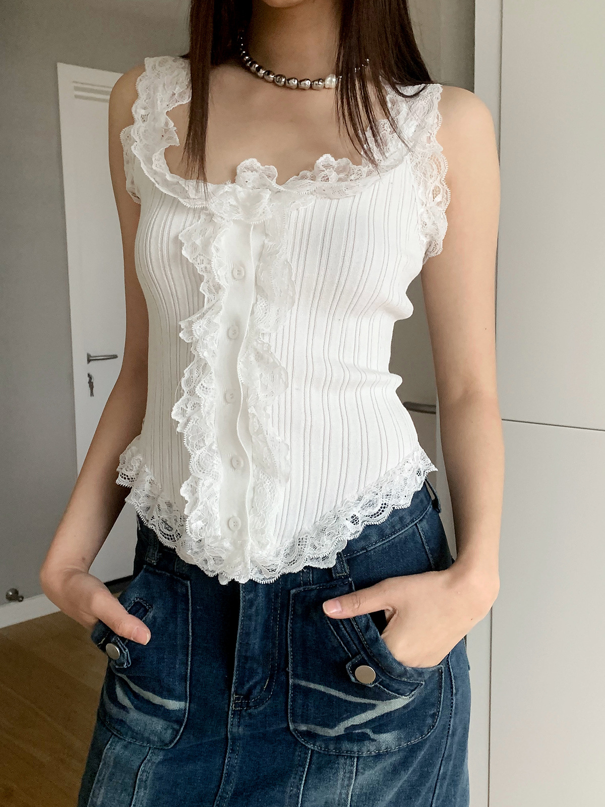 Picture of Peach silk South Korea design lace knitted cardigan camisole women's pure hot girl short top