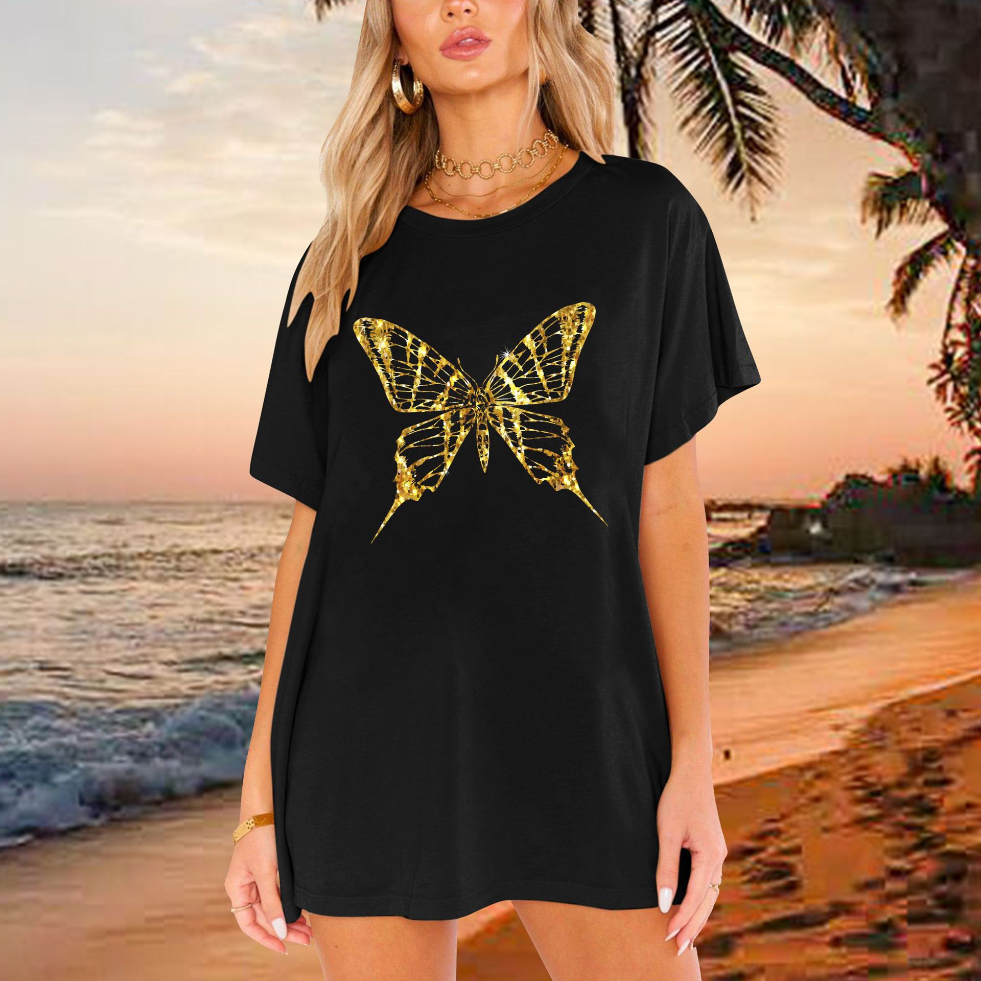 2022 Cross-border New shirt Shoulder Yellow Butterfly Printed T-shirt Loose Pattern Women's T-shirt