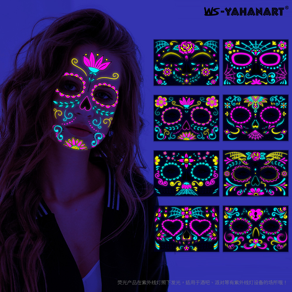 Cross-Border Hot Selling Halloween Fluorescent Day of the Dead Death Face Tattoo Stickers Masquerade Neon Tattoo Stickers