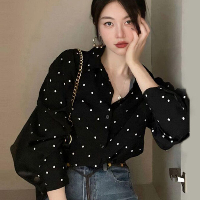 French Retro Black and White Polar Dot Chiffon Shirt Women's Long Sleeve Top Spring New Style Chic Beautiful Small Shirt