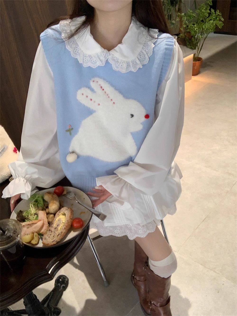 Sweet Rabbit ~ Cute Age-reducing Rabbit Jacquard Stacked Waistcoat Vest Three-dimensional Fur Ball Decorative Outer Wear Top