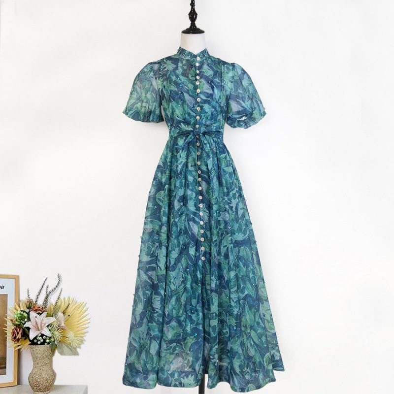 In-Stock Real Shot French Summer New Puff Short Sleeve Heavy Beaded High-End Elegant Vacation Style Long Dress