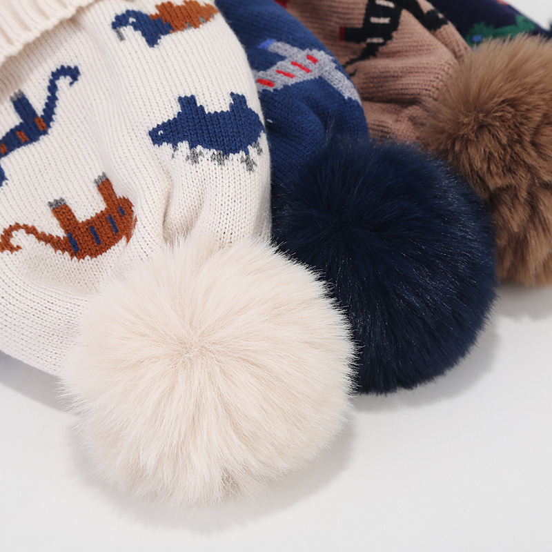 Picture of Cross-border Winter Children's Jacquard dinosaur fleece-lined knitted hat scarf suit boys' ear protection wool hat two-piece set