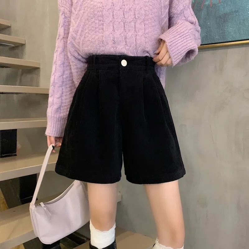Picture of Autumn and Winter Corduroy Shorts for Women Plus Size Fat m Elastic High Waist Slim Outer Wear A-Line Wide Leg Pants Black Casual Boot Pants