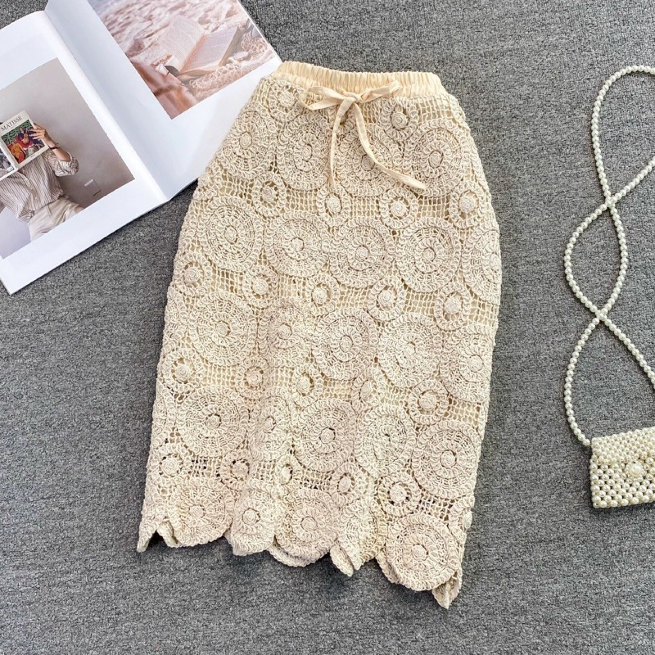 Ethnic Style Seaside Vacation Elegant Knitted Woven Hollow-out Hook Lace Hip Skirt High Waist Skirt