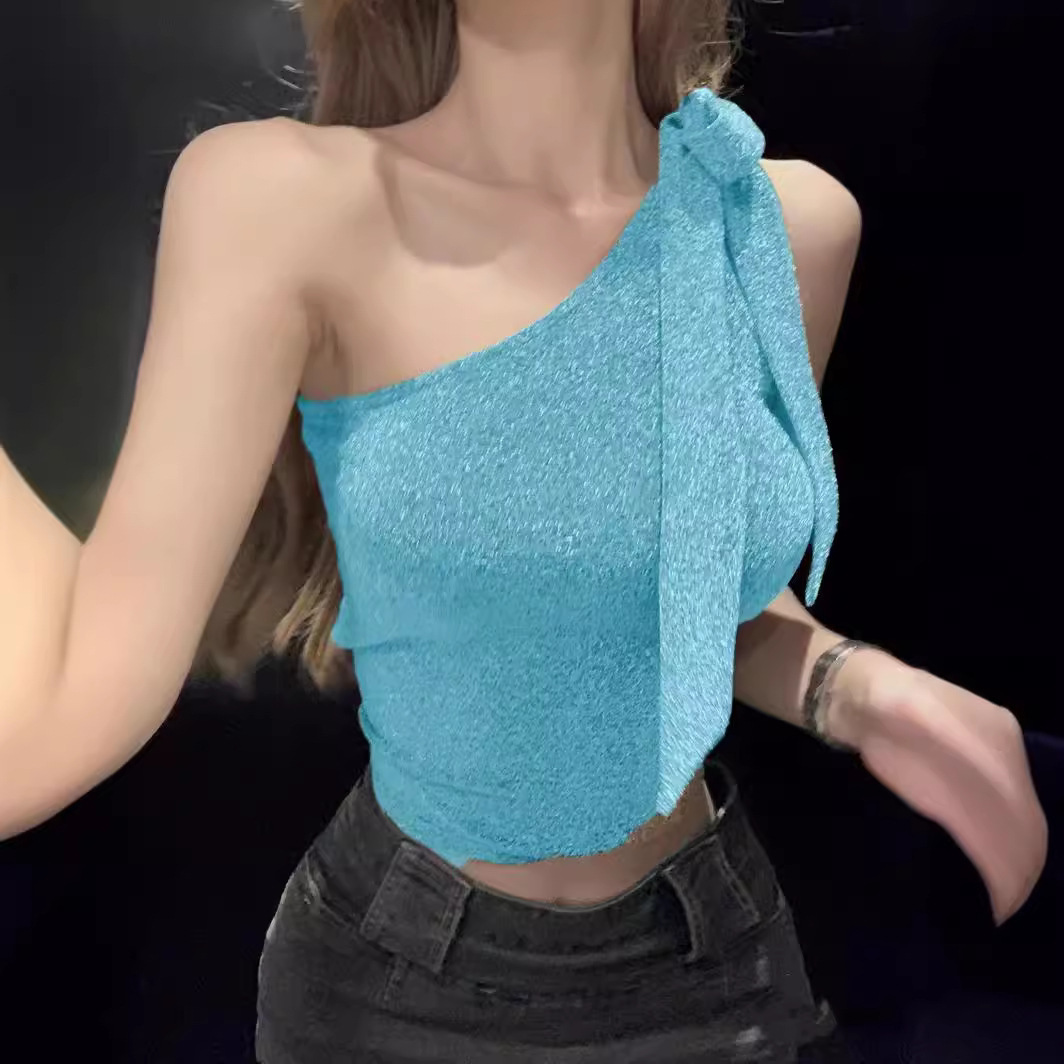 Picture of Sexy Hot Girl Off-Shoulder Halter Vest for Women 2025 Summer Sleeveless Bow Short Backless Top for Outerwear