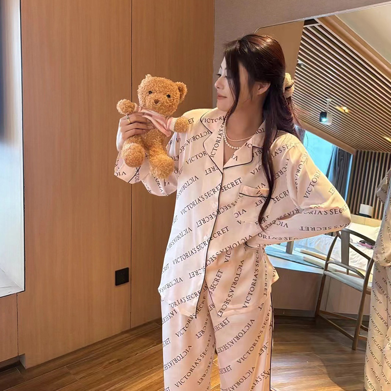 Korean Simple Style Pajamas for Women Silk Long-Sleeved Pink Letters Light Luxury Spring and Autumn Home Wear Suits Wholesale