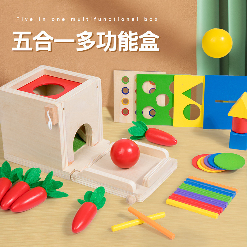 Young Baby Early Education Puzzle Five-in-One Mongolian Coin Box Wooden Ball Target Box Multifunctional Stick Pulling Radish