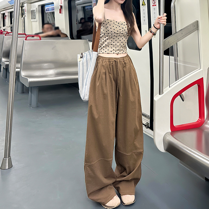 Khaki Sports Relaxed Straight Loose Casual Wide Leg Pants Scimitar Pants for Women 2025 Autumn New Style Lazy Style