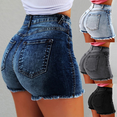 Cross-border European and American AliExpress New Denim Shorts High Waist Hot Pants Stretch Tassel Sexy plus size Denim Three-point Pants