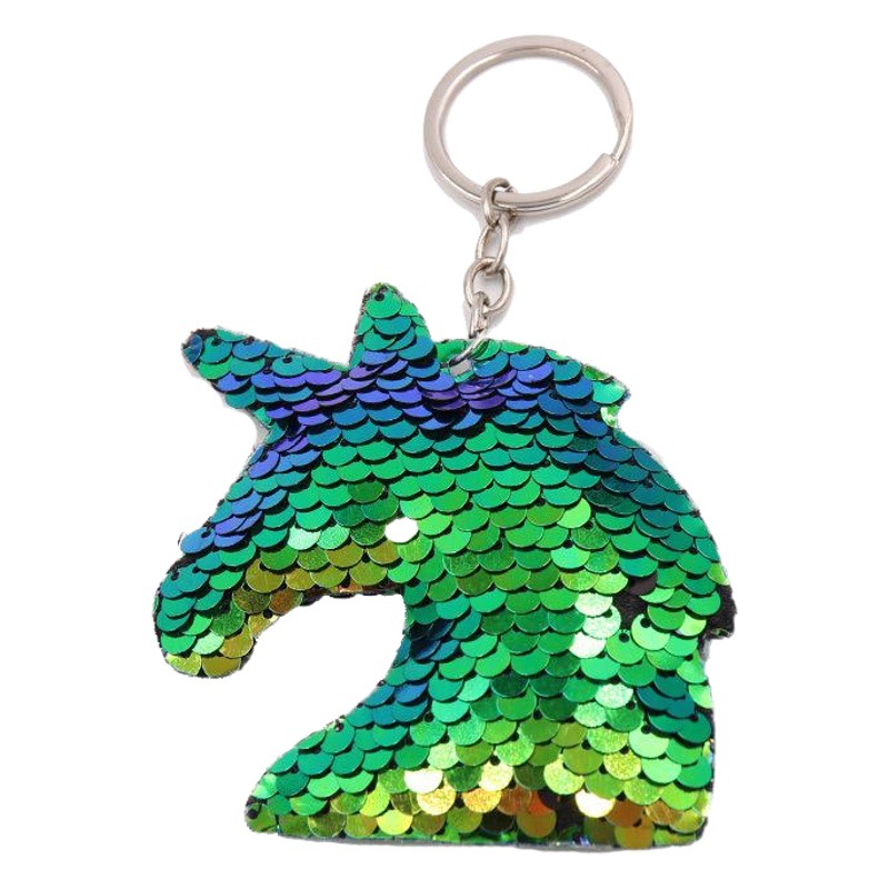Foreign trade reflective double-sided sequins unicorn head bag key chain sequins animal car key chain pendant wholesale