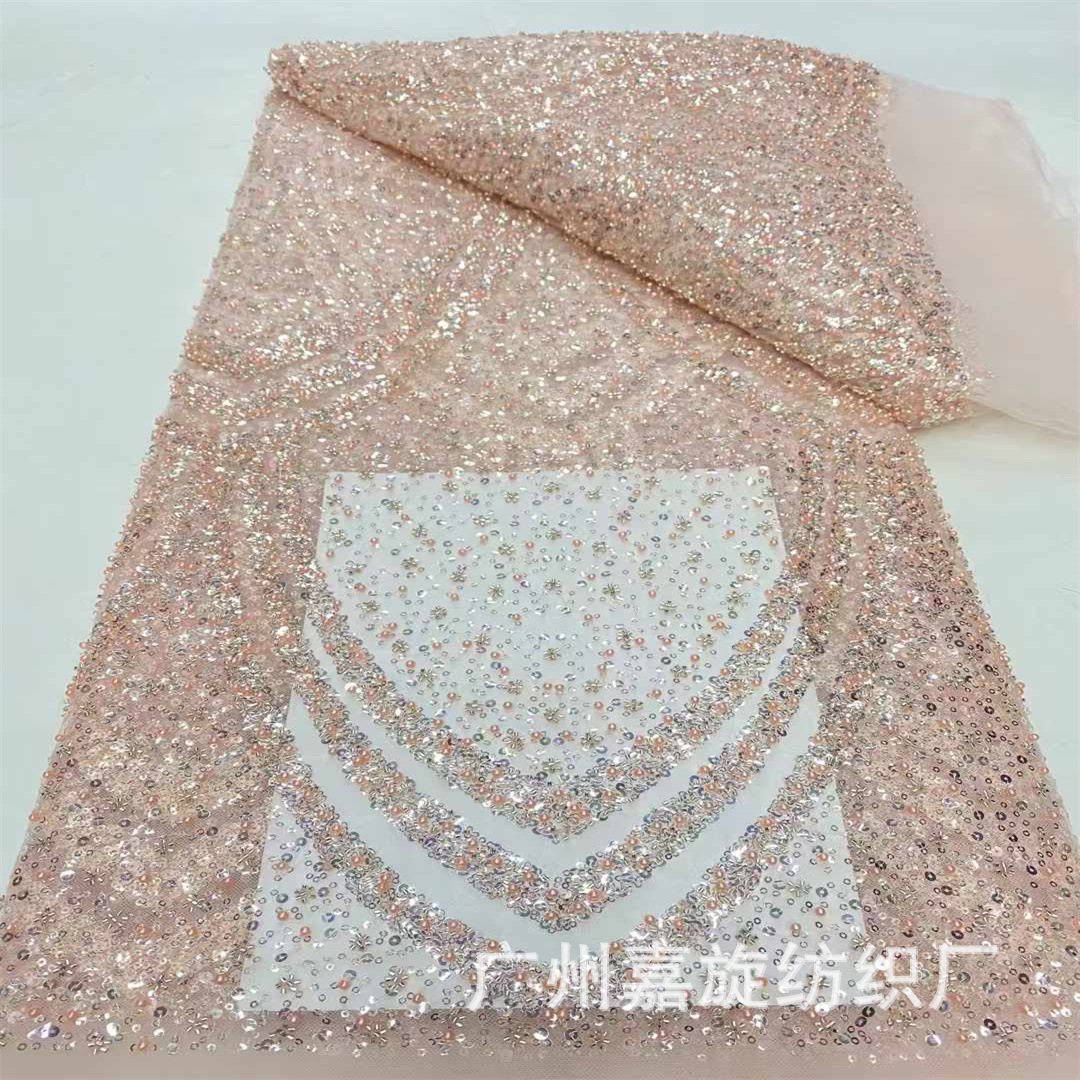 Cross-border export full new crystal bubble beaded bead tube sequin embroidered wedding dress fabric beaded lace