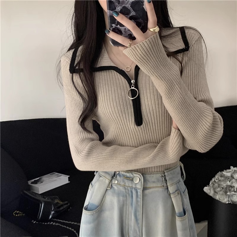 Picture of Zipper Lapel Sweater 2023 Autumn/Winter Long Sleeve Slim Fit Color-Block Knitted Top for Women