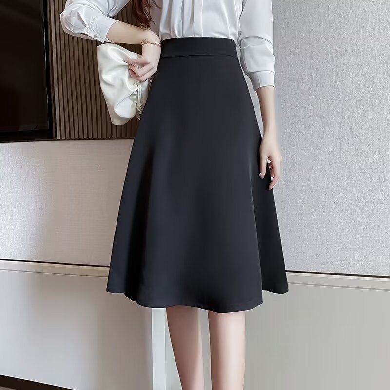 Black Suit Skirt Women's Summer Casual 2024 New High Waist Hip Covering Slimming Mid-length A- line Umbrella Skirt