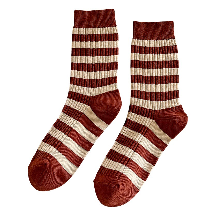 Socks for Women Spring & Fall Stripesd Long Cotton Socks Combed Cotton Retro Women's Double-Needle Mid-Calf Socks Zhuji Women's Socks Wholesale