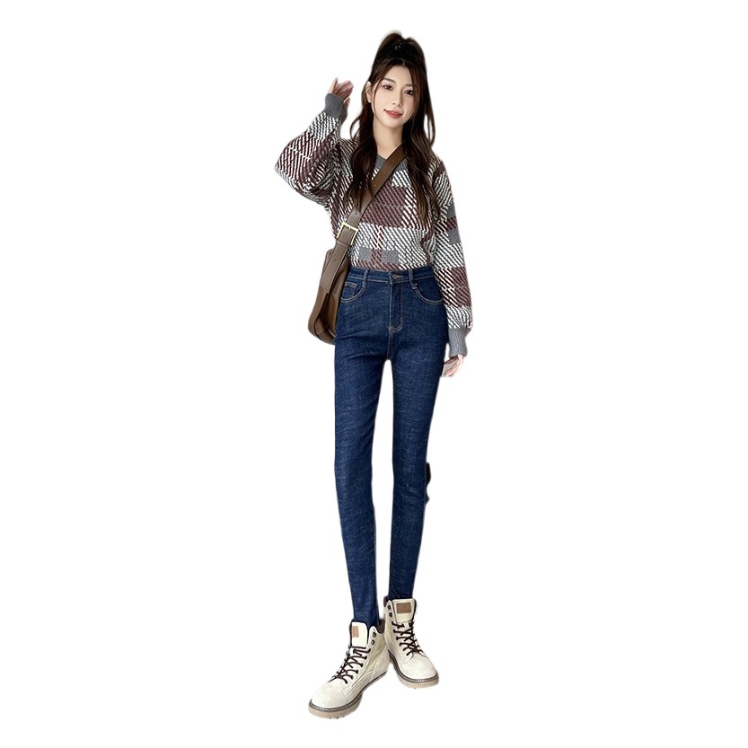 Jeans women's high waist skinny pants 2023autumn and winter New slim fit tight outer wear slimming fleece-lined pencil pants
