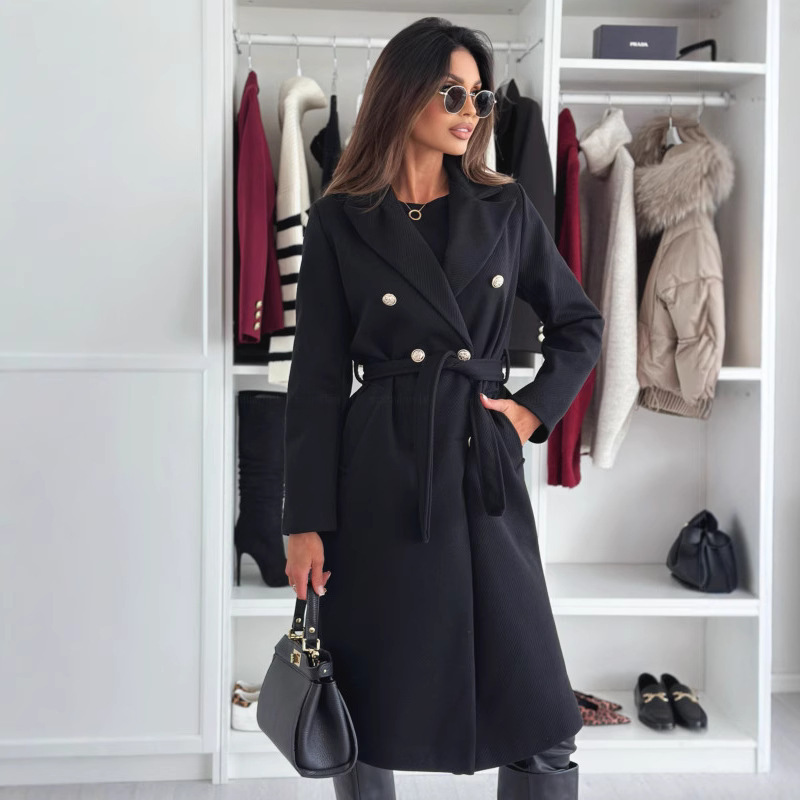 Picture of Cross-border foreign trade European and American women's clothing Amazon 2024 autumn and winter simple fashion solid color double-breasted strap wool coat