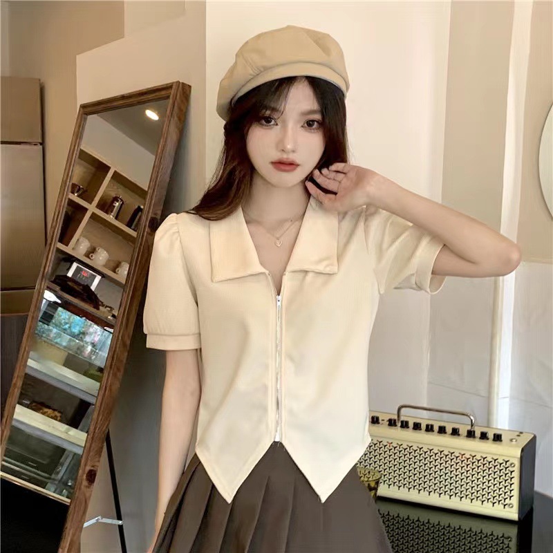 plus size chubby girl Shoulder Slimming T-shirt Short-sleeved Women's 2024 Summer Design Sense Slight Fat Zipper Short Polo Top