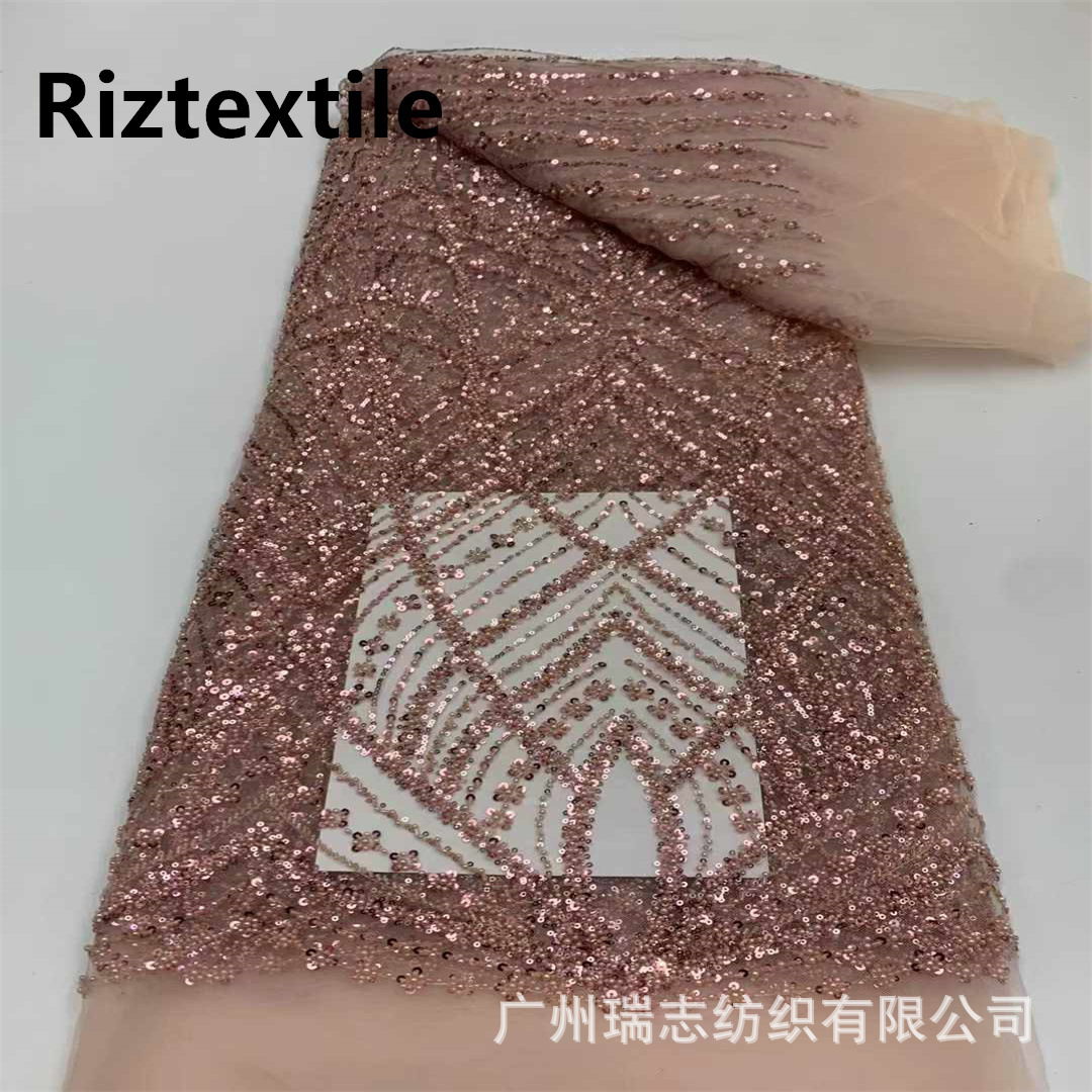 Picture of Chain line flower bead embroidery fabric European and American stereo sequins embroidery dress lace French lace