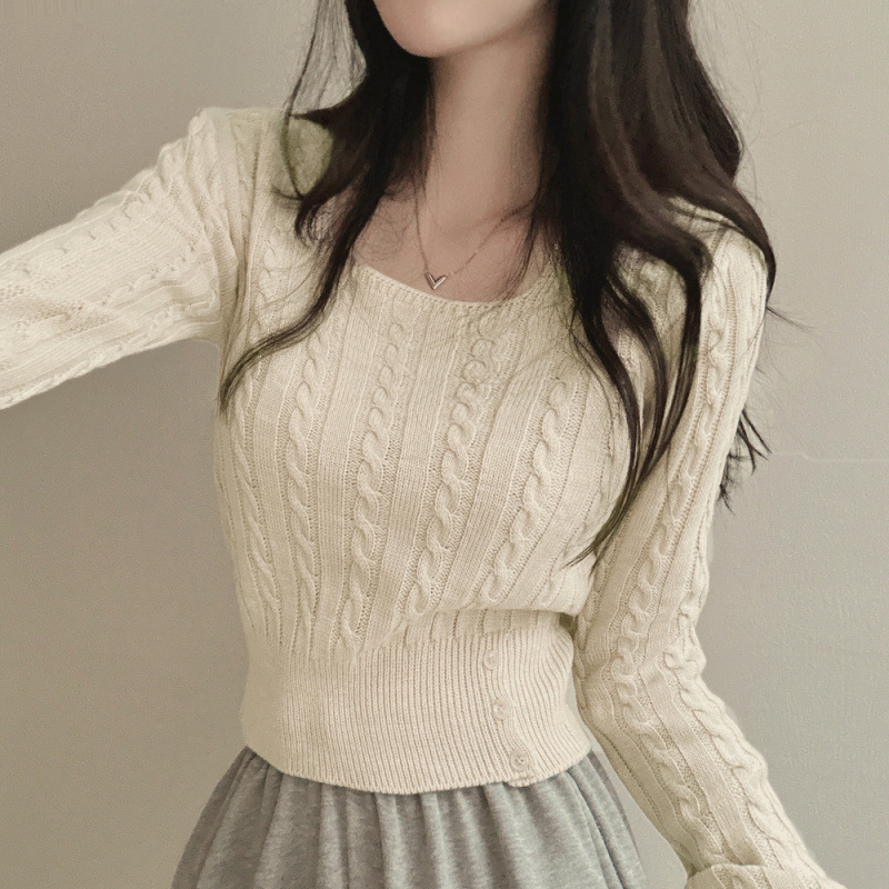 Picture of Japanese Style Retro Twist Knitwear Women's Korean Style Fashionable Square Collar Short Waist Base Sweater Niche Chic Top