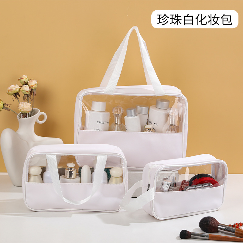 Picture of Transparent Toiletry Bag, Large Capacity Waterproof Portable Cosmetic Bag, Pu Splicing Bath Bag, Business Trip Travel Storage Bag, Portable
