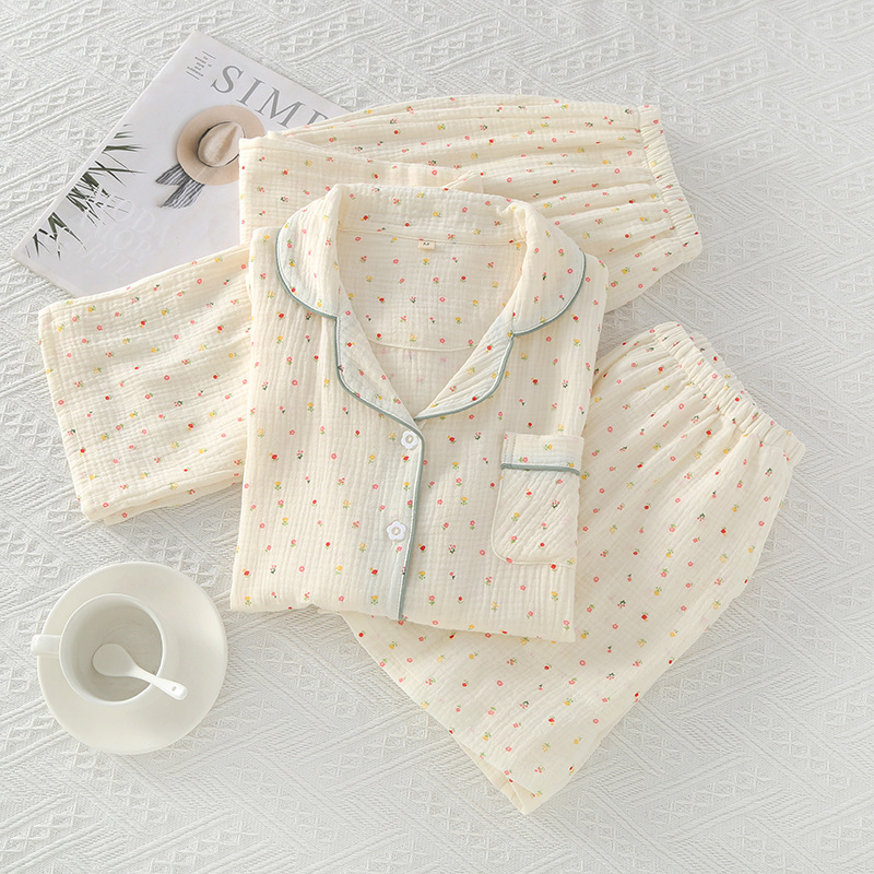 Pajamas cotton three-piece set spring and summer thin crepe autumn gauze lapel short sleeve trousers shorts home wear suit