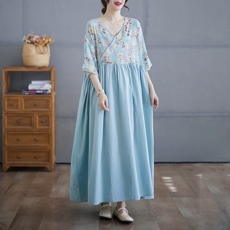 2025 Cotton and Linen Summer New V Neck Splicing Retro Style Loose Large Size Women's Printed Round Neck Short-Sleeved Dress
