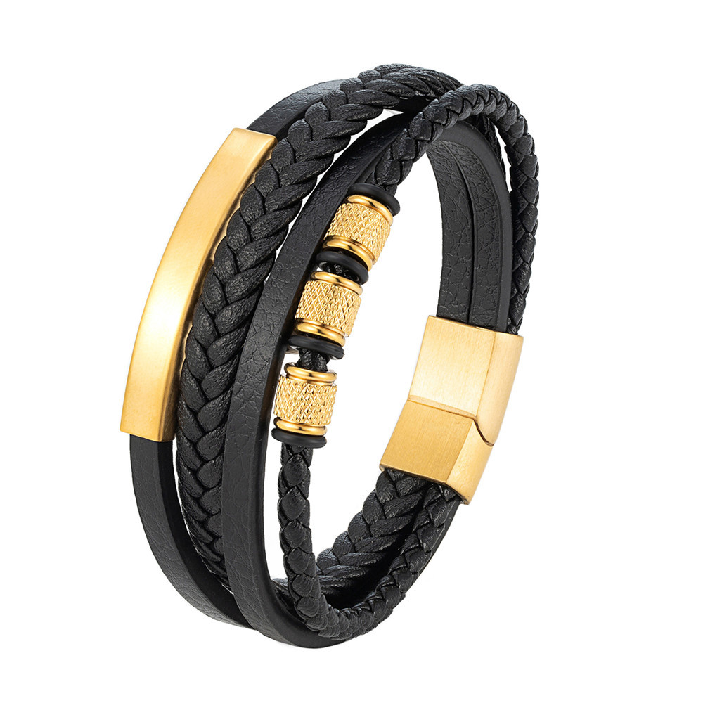 Cross-Border Popular Multi-Layered Genuine Leather Braided Bracelet for Men, Fashionable Stainless Steel Magnet Buckle Bracelet Jewelry Wholesale