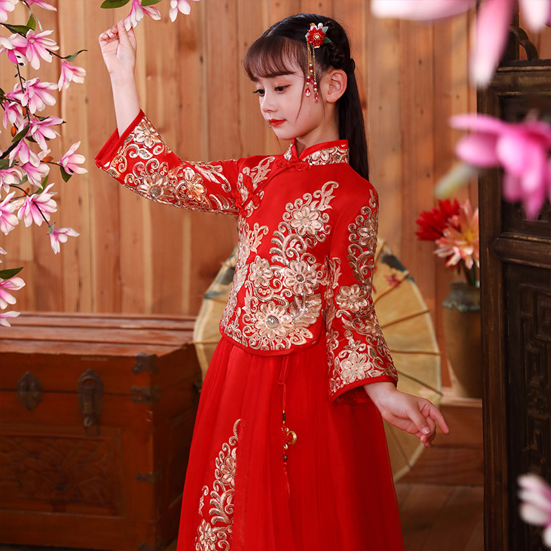 Picture of Girls' Hanfu Traditional Chinese New Year Outfit Children's Cheongsam Autumn and Winter Chinese Style Set Tang Suit New Year Outfit Thickened and Warm