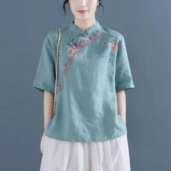 Picture of Cotton Linen Short-sleeved Shirt Women's 2024 Summer New Loose Design Sense Chinese Style Retro Buckle Embroidered Top Trendy