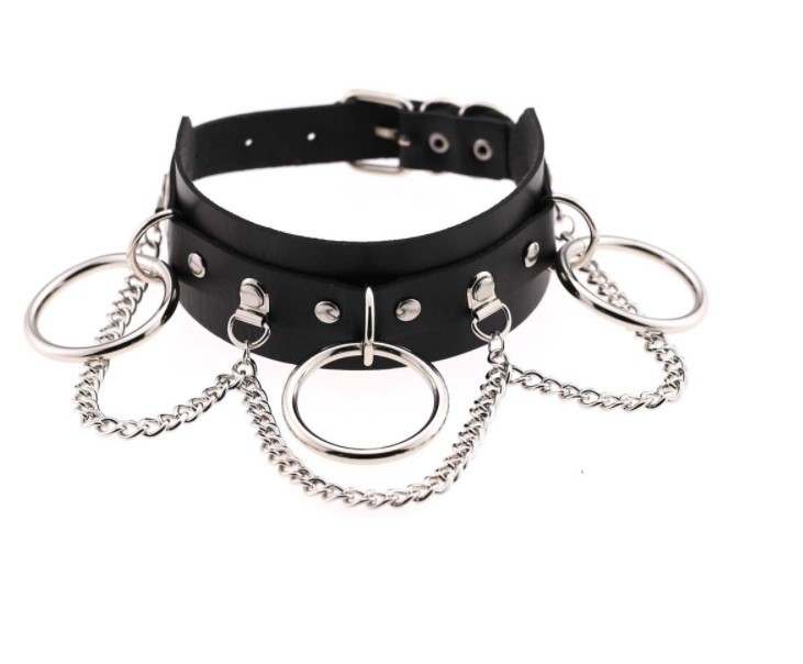 European and American style personality exaggerated PU leather collar necklace punk Street nightclub O-ring chain clavicle neck collar sleeve