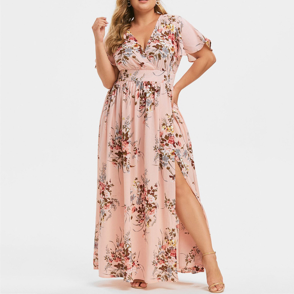 Picture of 2024 European and American Cross-Border Dress Summer New Plus Size Women's Printed Hem Slit Printed Short-Sleeved Dress