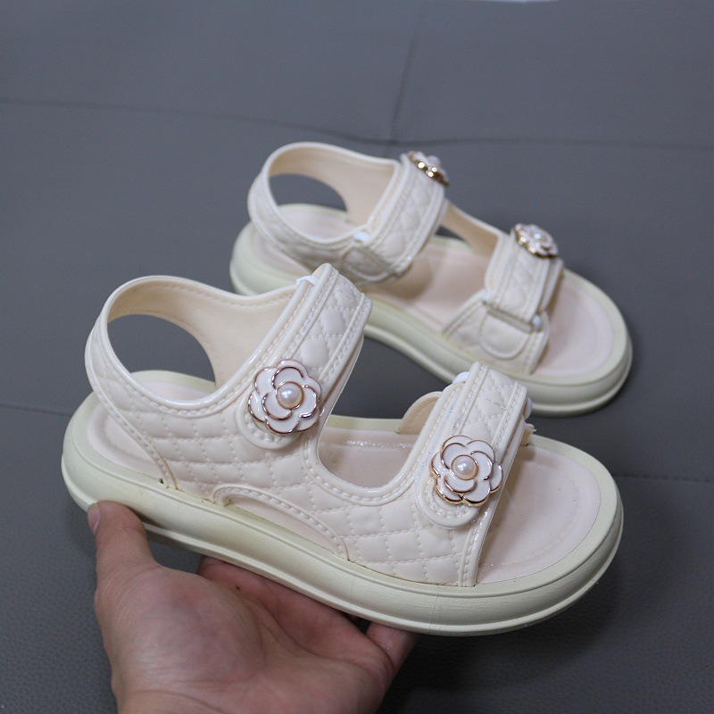 Children's Shoes 2025 Summer New Girl Flower Jewelry Simple Daily Casual Sandals All-match Open Toe Beach Shoes Slippers