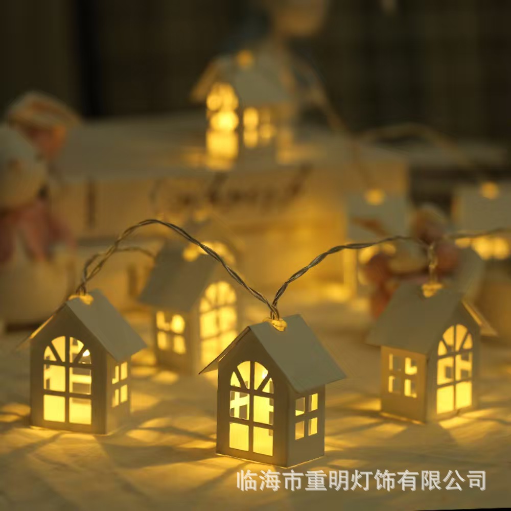 Cross-border Christmas new Nordic wooden house light string LED elk love small house bedroom Christmas tree decoration lights