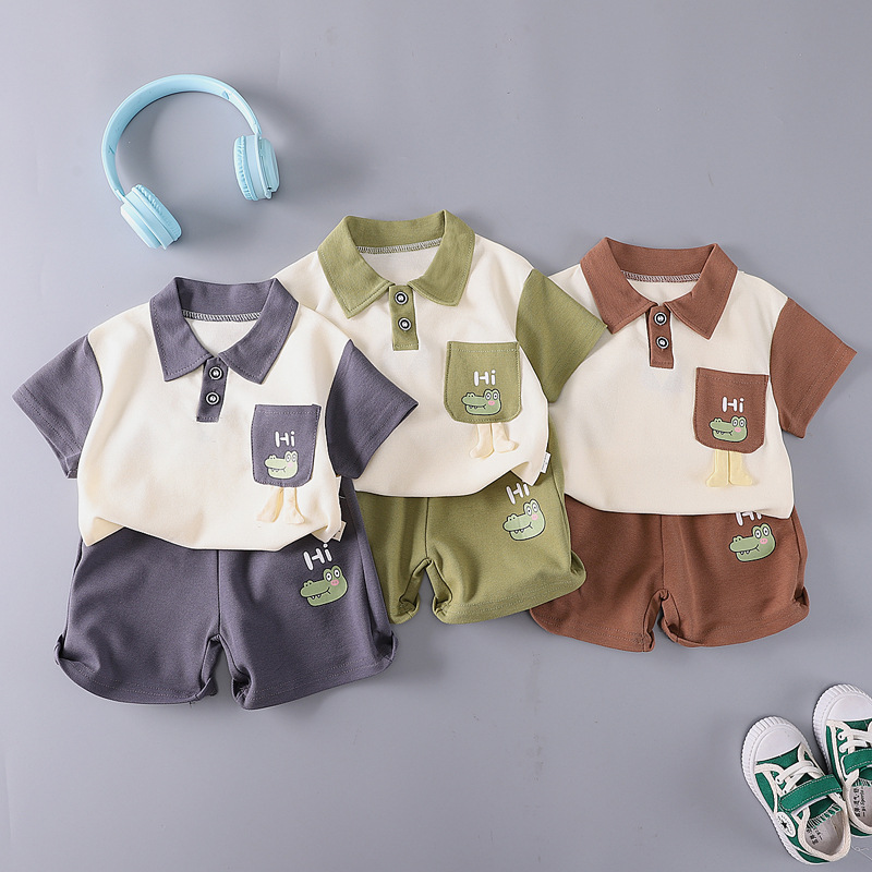 Summer Boys Pocket Three-dimensional Dinosaur Short-sleeved suit New Fashion Stylish Short-sleeved suit Trade Trendy