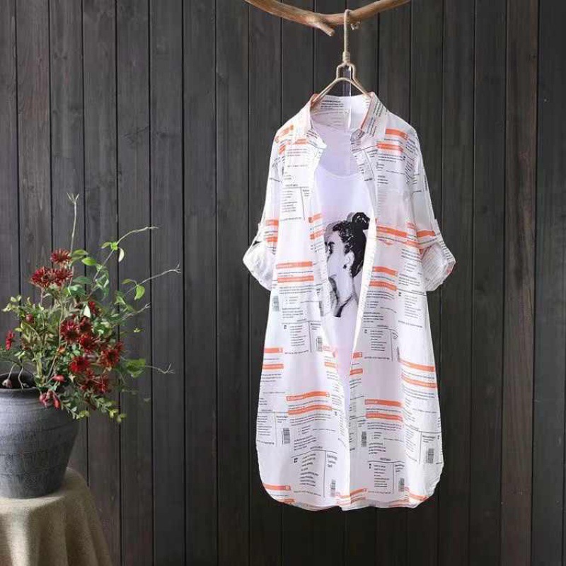 Picture of 2024 Spring/Summer Mid-length Shirt Women's Artistic Letter Printed Loose All-match Sun Protection Commuter Elegant Cardigan Shirt