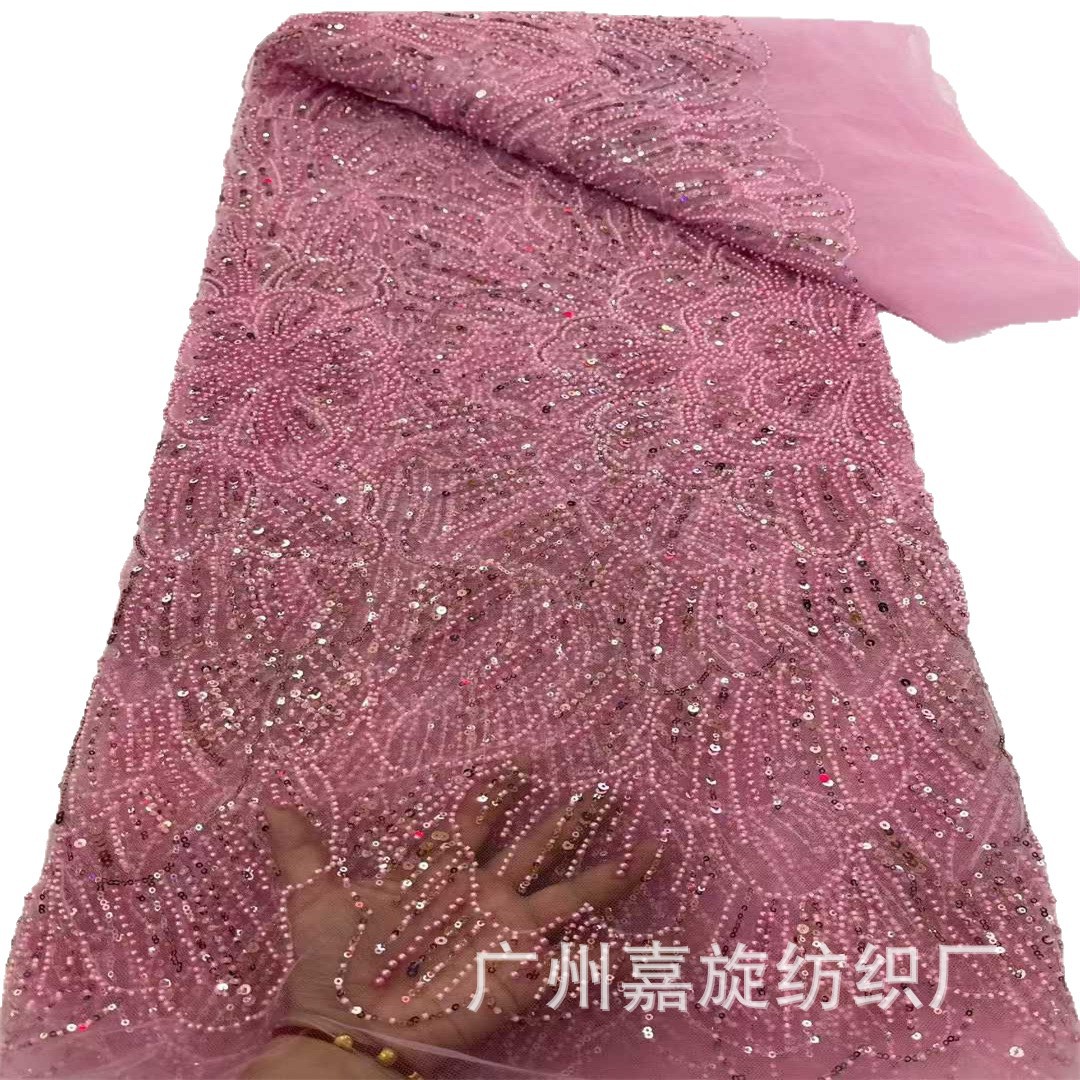 Picture of African large flower beaded tube sequin wedding dress fashion fabric 5yards African beaded lace
