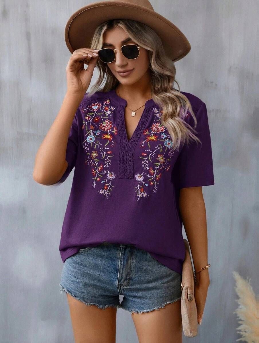 Picture of 2025 Europe and America Amazon Cross-border Summer New Fashion Ten Thousand Needles Embroidery Stitching Lace Top Women's T