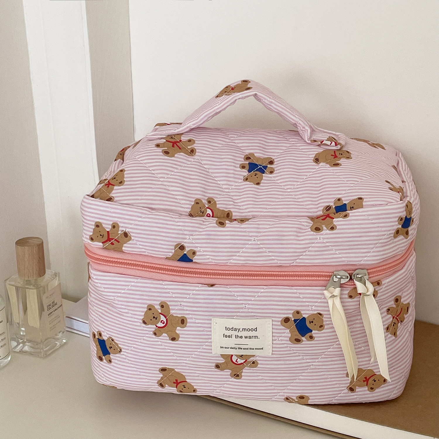 Picture of Cross-Border Pink Striped Bear Cosmetic Bag Student Portable Cute Cartoon Toiletry Bag Quilted Portable Storage Bag