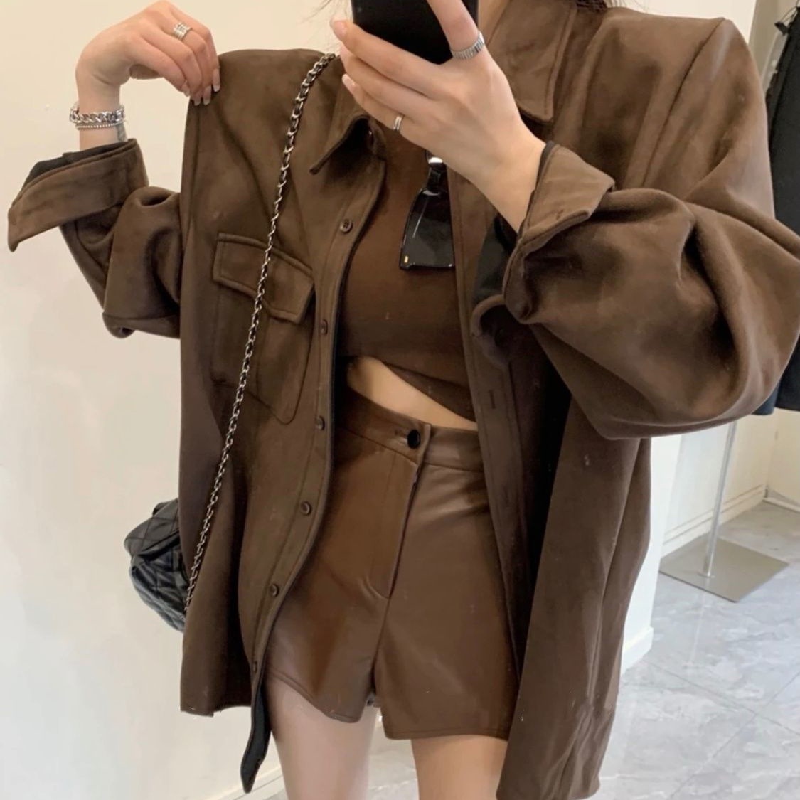Spring and Autumn Wear Two-piece Set Women's Fashionable All-match Casual suit Korean Style Shirt Mid-length Jacket Two-piece Set Women